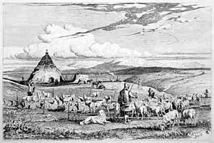 Charles Coleman, etching of transhumant shepherds in the campagna romana, showing sheep, a working dog of Pastore Maremmano-Abruzzese type, horses of Maremmano type and a conical capanna or lestra. From A Series of Subjects peculiar to the Campagna of Rome and Pontine Marshes (1850)