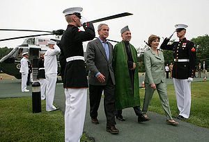 Hamid Karzai with George and Laura Bush at Camp David.jpg