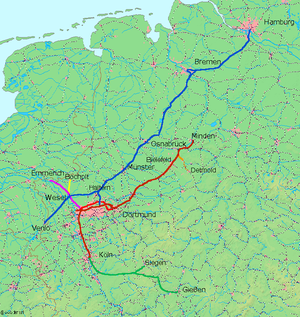 Cologne-Minden trunk line in red