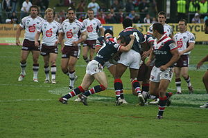 Manly Sea Eagles in action against the Sydney Roosters at Brookvale Oval in June 2008
