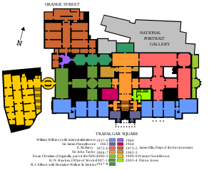 Diagram and color-coded chart showing when the various additions were made.