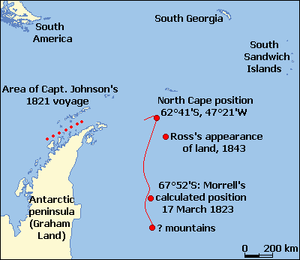  Chart shows the positions of the supposed New South Greenland coast, and Ross's Appearance, in relation to the Antarctic peninsula, the South American mainland, the South Sandwich Islands and South Georgia.