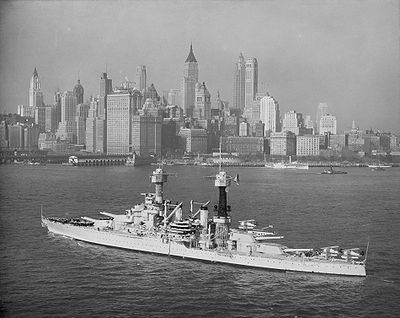 USS Colorado (BB-45) steams off lower Manhattan, circa 1932. The battleship had just undergone an overhaul, including the installation of new 5"/25 caliber anti-aircraft guns. She would later provide earthquake relief at Long Beach, California, search for Amelia Earhart, and fight in World War II.