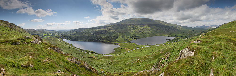 180 degree panorama of the Llynau Mymbyr lakes with Moel Siabod in the background.