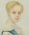 Oil portrait of the Prince Imperial as a blond-haired child in a white frock with lace at the neck and official blue sash