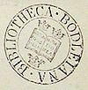 A circular ink stamp mark, with "Bibliotheca Bodleiana" around the outside of the circle; inside, a shield with an open book surrounded by three crowns