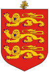 Coat of Arms: 3 Gold Lions on a Red Field, surmounted by a small branch of leaves