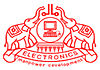 Two Elephants with Raised Trunks over a computer in a circle placed on a Integrated Circuit standing on a banner printed Electronics. Single Color, Red.