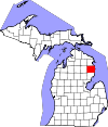 State map highlighting Alcona County
