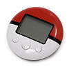 A small, circular electronic device. It's half red, half white with a screen and three buttons.