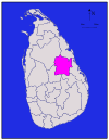 Area map of Polonnaruwa District, roughly square in shape, located at the middle from north east of the centre of the country and south west of the north eastern coast, in the North Central Province of Sri Lanka