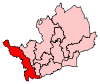 A medium sized constituency. It is long and thin in shape, stretching from the northwest to the southwest of the county.
