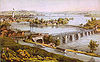 Lithograph of the Washington Aqueduct circa 1865, showing canal boats in the foreground and a broad sweep of the Potomac River and the City of Washington in the background.