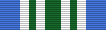 A multicolored military ribbon. From left to right the color pattern is; very thick blue stripe, thick white stripe, thin green stripe, thick white stripe, very thick green stripe, thick white stripe, thin green stripe, thick white stripe, very thick blue stripe