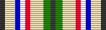 Width-44 ribbon with the following stripes, arranged symmetrically from the edges to the center: width-2 black, width-4 chamois, width-2 Old Glory blue, width-2 white, width-2 Old Glory red, width-6 chamouis, width-3 myrtle green up to a central width-2 black stripe