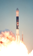 Launch photo of Mars Polar Lander being lifted into space by a Delta II launch vehicle