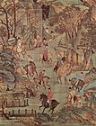 A colorful almost square painting of a convoy of men on horseback traveling through a valley. A bridge covering a small stream is at one end of the valley.