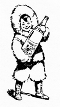"Clicquot" the Eskimo boy, holding a bottle of Clicquot Club Ginger Ale