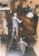 Technician assembling the Mars Observer space probe