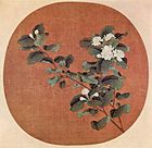 A square painting of a branch with a cluster of white flowers at the end. The branch is superimposed over a red square with rounded edges.
