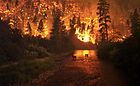 Wildfire at night, behind silhouetted forest, and reflected in a river.