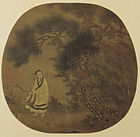 An oval painting mounted on a square background depicting a man in a white robe, holding a small stick, next to a tree. Strong wind blows everything in the painting leftward. The painting is done mainly in green tones.