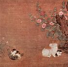 A square painting depicting four cats, two in the bottom left tussling and two on the bottom right not doing anything in particular, in a garden with small flowering bushes.