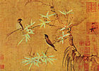A landscape oriented painting of two small birds with brown backs and white bellies, perched on branches. The vast majority of the painting is background, the thin branches and small birds do not take up much of the painting.