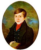 A painted portrait of a boy in a black coat and a red shirt, holding a book in his right hand.
