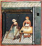 An illustration of noodle making, Tacuina sanitatis, 14th century.