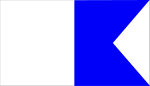 A flag, left half white, right half blue, the right edge has a triangular cut-out along its full length