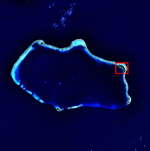 A blue colored image of island with one island boxed in the northeast.