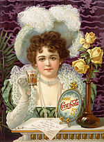 An 1890s advertisement showing model Hilda Clark in formal 19th century attire. The ad is entitled Drink Coca-Cola 5¢.