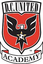A shield with stylized black eagle facing left on a red field under the words "D.C. United". On the eagles chest is a red star with a soccer ball. Below, a banner reader "Academy".