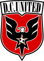 A shield with stylized black eagle facing left on a red field under the words "D.C. United". On the eagles chest is a red star with a soccer ball.