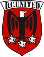 A shield with stylized black eagle facing right on a red field under the words "D.C. United". Below the eagle are three white stars with soccer balls.