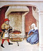 F owl being roasted on a spit, mid-15th century.