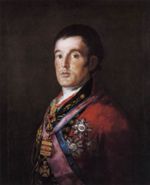 Half-length portrait of Wellington turned slightly to the left, wearing 18th century British military officers uniform and many decorations, including several ribbons across his chest and a large star.