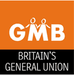 White capital letters spell "GMB" on an orange background, where the "M" is used as the legs on two stick figures drawn with thinner lines. Below is the text "Britain's General Union".
