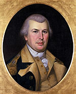 Color painting of gray-haired Nathanael Greene in 1783 by Charles Willson Peale. Greene wears his general's uniform with a dark blue coat, a buff vest and turnbacks, and brass buttons.