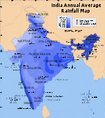 India average annual rainfall map. A map of India overlaid with various zones of differing shades of blue. Each shade represents a region receiving a similar annual precipitation total. The wettest region comprises the northeastern "Seven Sisters" states centered on Assam; the southwestern littoral in Kerala, Karnataka, Goa, and Maharashtra is another wet region of over 250 centimetres per annum, depicted in a dark shade of navy blue. The rest of the country in between them is shown in lighter shades; the driest region is seen in the northwest near the borders with Pakistan and China, parts of which, according to the legend, are seen to obtain less than 20 centimetres per annum.