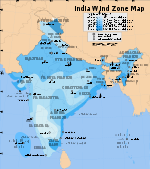 India wind zone map. A map of India overlaid with zones of various shades of blue, each representing a region that experiences a similar level of windiness. The entire eastern littoral and the northern half of the country are shaded in relatively dark blues, signifying relatively windy prevailing conditions of between 30 and 50 metres per second. The darkest blue region is in the extreme north, beyond the Himalayas in Ladakh, on the Tibetan Plateau; there, sustained winds average over 50 metres per second. The inland central, south, and especially the southwestern portions are shaded in light blues: they are relatively windless, averaging less than 30 metres per second.