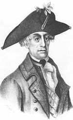 Print of a large-eyed man in a large bicorne hat, open coat, and frilled shirt-front