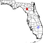 A state map highlighting Gilchrist County in the corner part of the state. It is small in size.