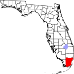 A state map highlighting Miami-Dade County in the southernmost part of the state. It is large in size.