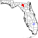 A state map highlighting Suwannee County in the corner part of the state. It is medium in size.