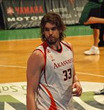 A basketball player, wearing a white jersey with the word "AKASVAYU" and the number 33 on the front, stands on a basketball court.