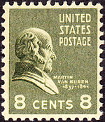 Postage stamp with the image of a bust of a balding man in profile and facing right