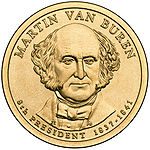 A golden coin with a portrait of a balding man wearing a cravat and facing forward