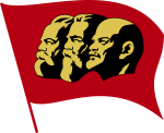 Red flag bearing the faces of Marx, Engels, and Lenin